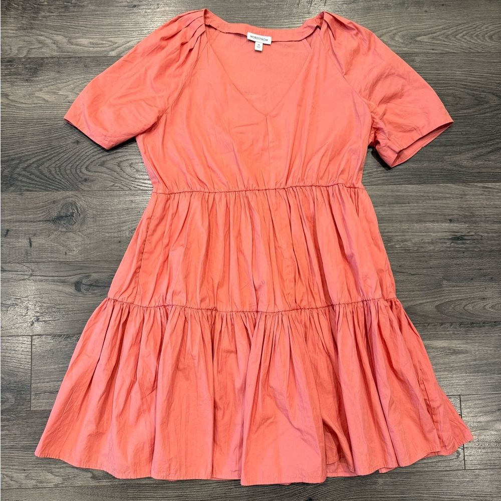 Nordstrom Coral V-Neck Tiered Babydoll Mini Dress. Size Medium. 100% Cotton